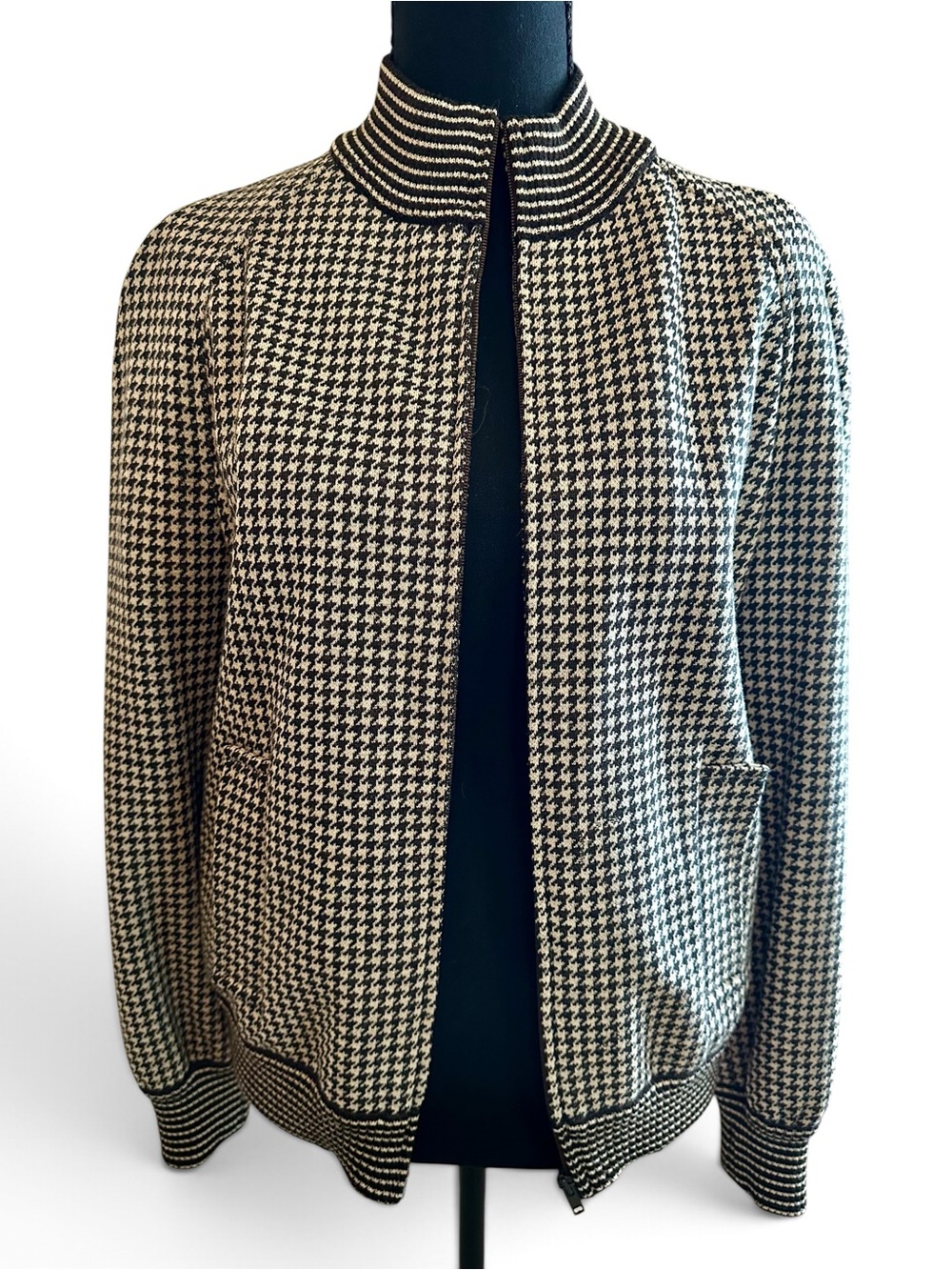 Vintage Gibi Roma Made in Italy Houndstooth Chocolate Brown Knit Jacket US 12